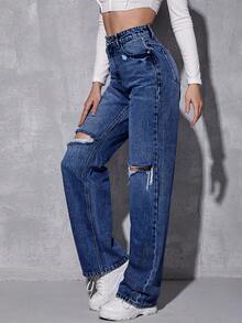 SHEIN Tall Quần jeans nữ dáng suông, phong cách thường ngày, bạc màu và rách. - Màu xanh lam - Xem 4
