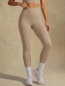 SHEIN Glamour Quần legging nữ cạp cao dáng suông, thích hợp mặc thường ngày. - Màu Khaki - Xem 4