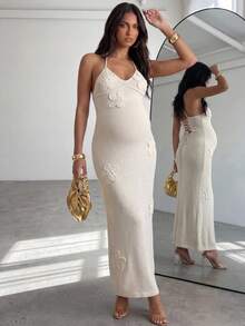 MaterniChic Vestido de punto sin mangas con decoración floral elegante para mujeres embarazadas - Albaricoque - Ver 1