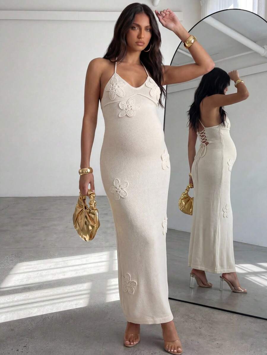 MaterniChic Vestido de punto sin mangas con decoración floral elegante para mujeres embarazadas - Albaricoque - Ver 1