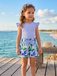 SHEIN Elladie kids 两件套女童时尚黄色圆领喇叭袖上衣+柠檬印花3D蝴蝶结短裤套装，别致休闲装，适合日常、海滩、度假、夏季穿着 - 淺藍色 - 查看 3