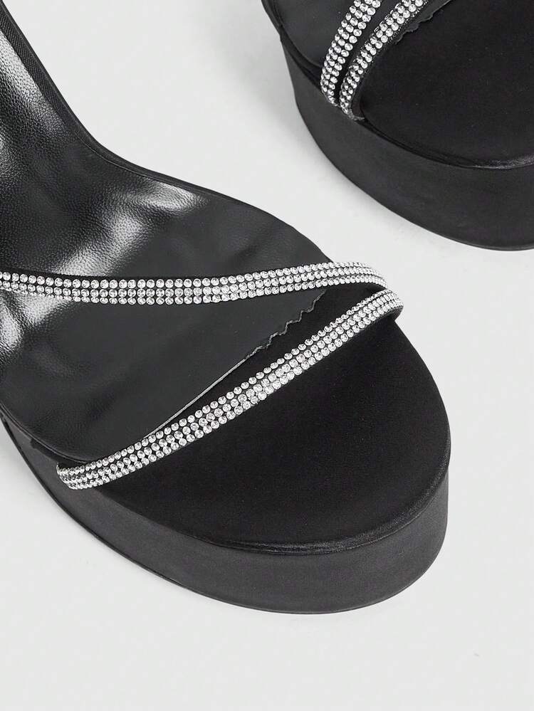 CUCCOO LuxiPop Spring And Summer New Design Thick Heel High Heel Elegant Temperament Simple Sexy Rhinestone Strip Women Black Satin Material Hollow Ankle Strap High Heel Slingbacks Dress Shoes Dating Afternoon Tea Party Valentine's Day Elegant Wear