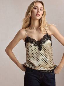 BizChic Áo tank top nữ kiểu dáng thường ngày, có dây đeo điều chỉnh được, in họa tiết chấm bi, thiết kế phối ren tương phản, phong cách retro thập niên 90, thanh lịch cho các bữa tiệc, đám cưới, mặc hàng ngày, phù hợp cho kỳ nghỉ, mùa hè, đi biển, ăn trưa, đi chơi, hẹn hò, đi làm, các dịp xã giao. - Nhiều màu - Xem 5