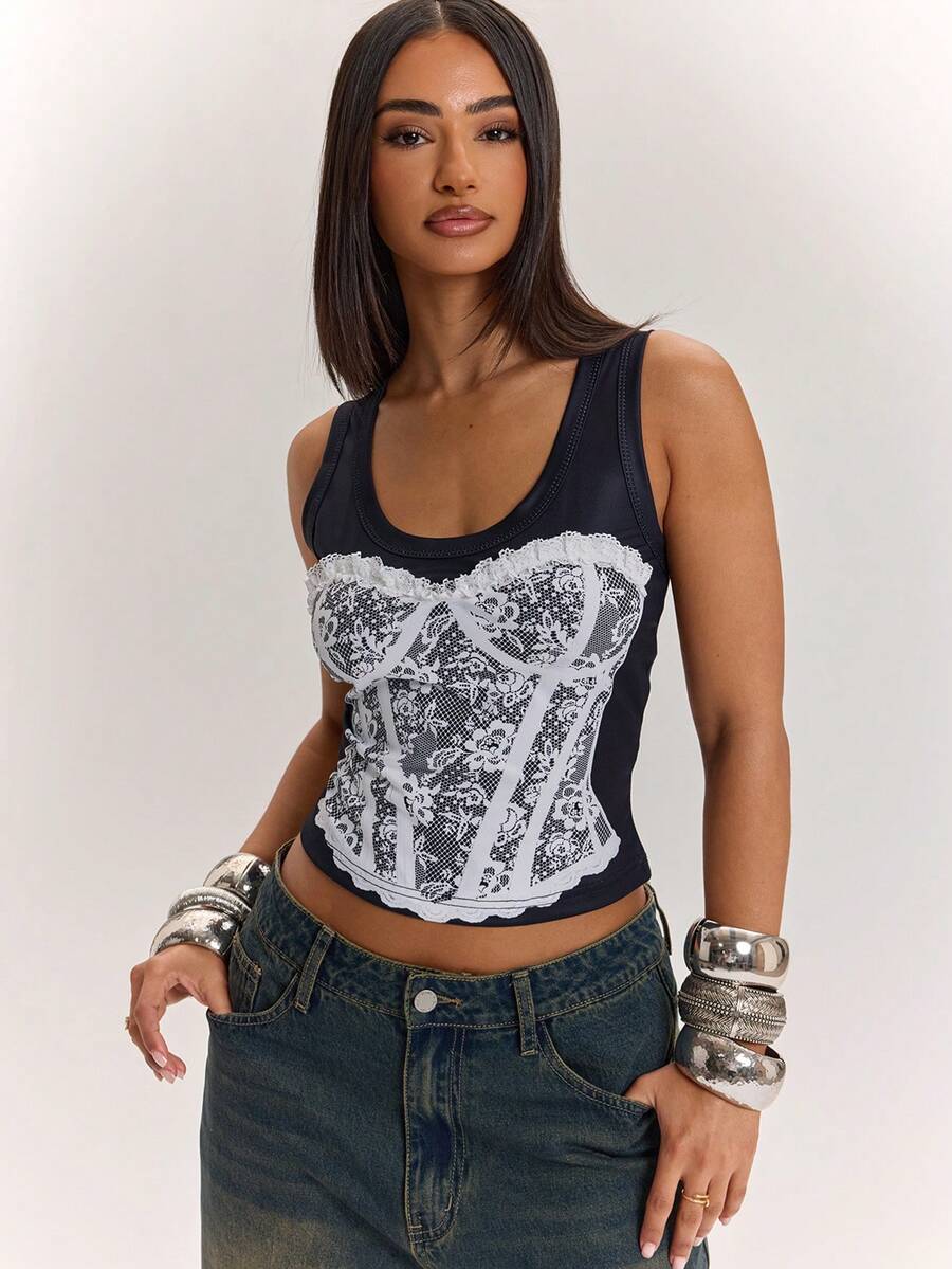 SHEIN BAE Áo hai dây ren ôm sát, thanh lịch, gợi cảm dành cho nữ, phù hợp cho thời trang đường phố, dạo phố, dự tiệc, hẹn hò, phong cách Y2K. - màu đen - Xem 1