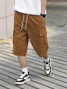 Manfinity Hypemode Men's Drawstring Waist Solid Color Cargo Pocket Shorts - Camel - View 4