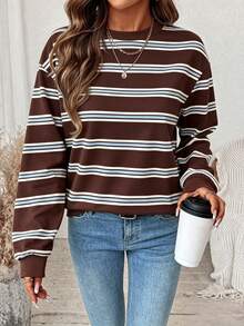 SHEIN LUNE Áo sweatshirt nữ dáng rộng, cổ tròn, tay dài, in họa tiết sọc tối giản, phong cách thường ngày. - Nhiều màu - Xem 1