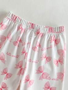 3pcs/Set Baby Girls' Cute Sweet White And Pink Bow Print Outfit,Soft Comfortable Short Sleeve Top,Pants And Headband,Summer Holiday Home Night Wear - Pink - View 8