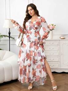 Reflora Nuevo vestido largo de mujer de talla grande con estampado floral, volantes en el bajo, cintura ceñida y alta elasticidad, vestido de otoño, vestido con volantes, vestido floral - Albaricoque - Ver 4