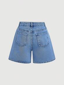 SHEIN Sweetro Quần short denim nữ kiểu dáng thường ngày với họa tiết thêu quả anh đào và túi hai bên. - Màu xanh lam - Xem 2
