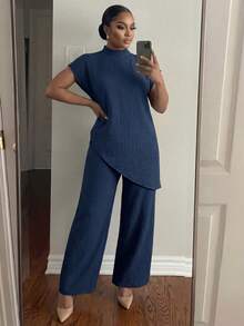 SHEIN Lady CURVE 加大码纯色立领短袖不对称下摆纹理面料上衣和裤子两件套 - 藏蓝色 - 查看 3