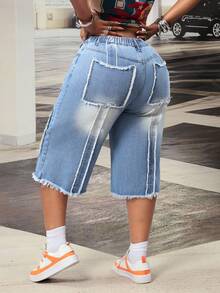 Slaydiva Plus Size Women's Non-Stretch Jeans, American Casual Brand Design Distressed Wash Frayed Hem Straight Leg Capri Jeans, Cowboy Outfits For Women - Blue - View 3