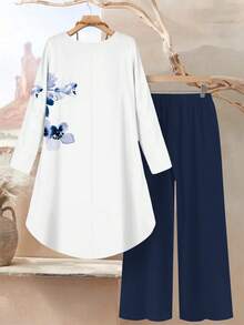 SHEIN Lacomfia Women's Blue Watercolor Floral Digital Print Casual Loose Fit Round Neck Top And Pants 2 Pieces Set - Multicolor - View 2