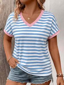 EMERY ROSE Curved New Hot Selling Contrasting Pink Collar Light Blue Stripe V-Neck Women's T-Shirt - Multicolor - View 4