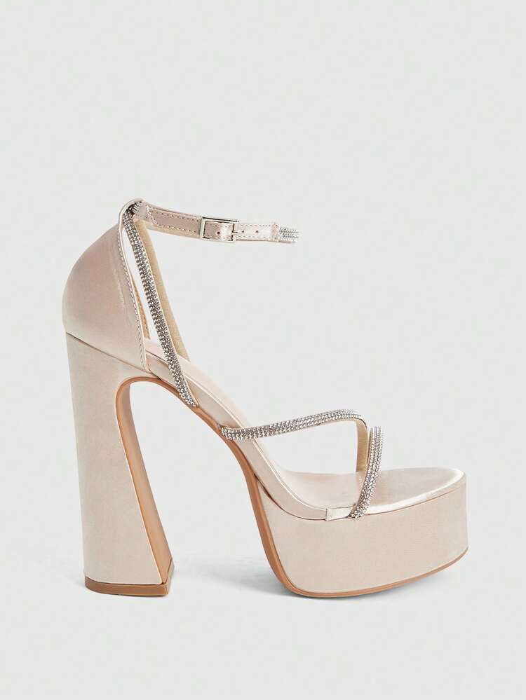 CUCCOO LuxiPop Spring And Summer New Design Thick Heel High Heel Elegant Temperament Simple Sexy Rhinestone Strip Women Apricot Satin Material Hollow Ankle Strap High Heel Slingbacks Dress Shoes Dating Afternoon Tea Party Valentine's Day Elegant Wear