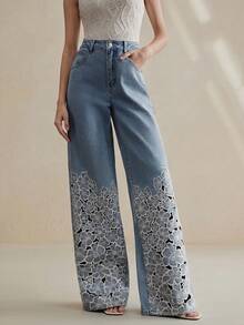 Anewsta Women's Fashionable Luxurious Sexy Hollow Embroidered Romantic Valentine's Day Party Vacation Blue Straight Leg Jeans, Spring/Summer - Blue - View 4