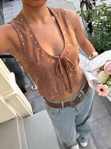 Muchica Women's Summer Pastal Suede Vest,Rhinestone Front Tie Sleeveless Waistcoat,Boho Sexy Music Festival Western Style Y2K Cropped Top For Streetwear Golf - Brown - View 1