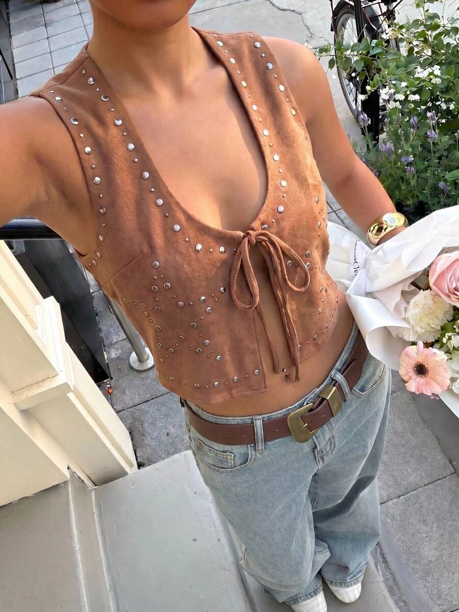 Muchica Women's Summer Pastal Suede Vest,Rhinestone Front Tie Sleeveless Waistcoat,Boho Sexy Music Festival Western Style Y2K Cropped Top For Streetwear Golf - Brown - View 1