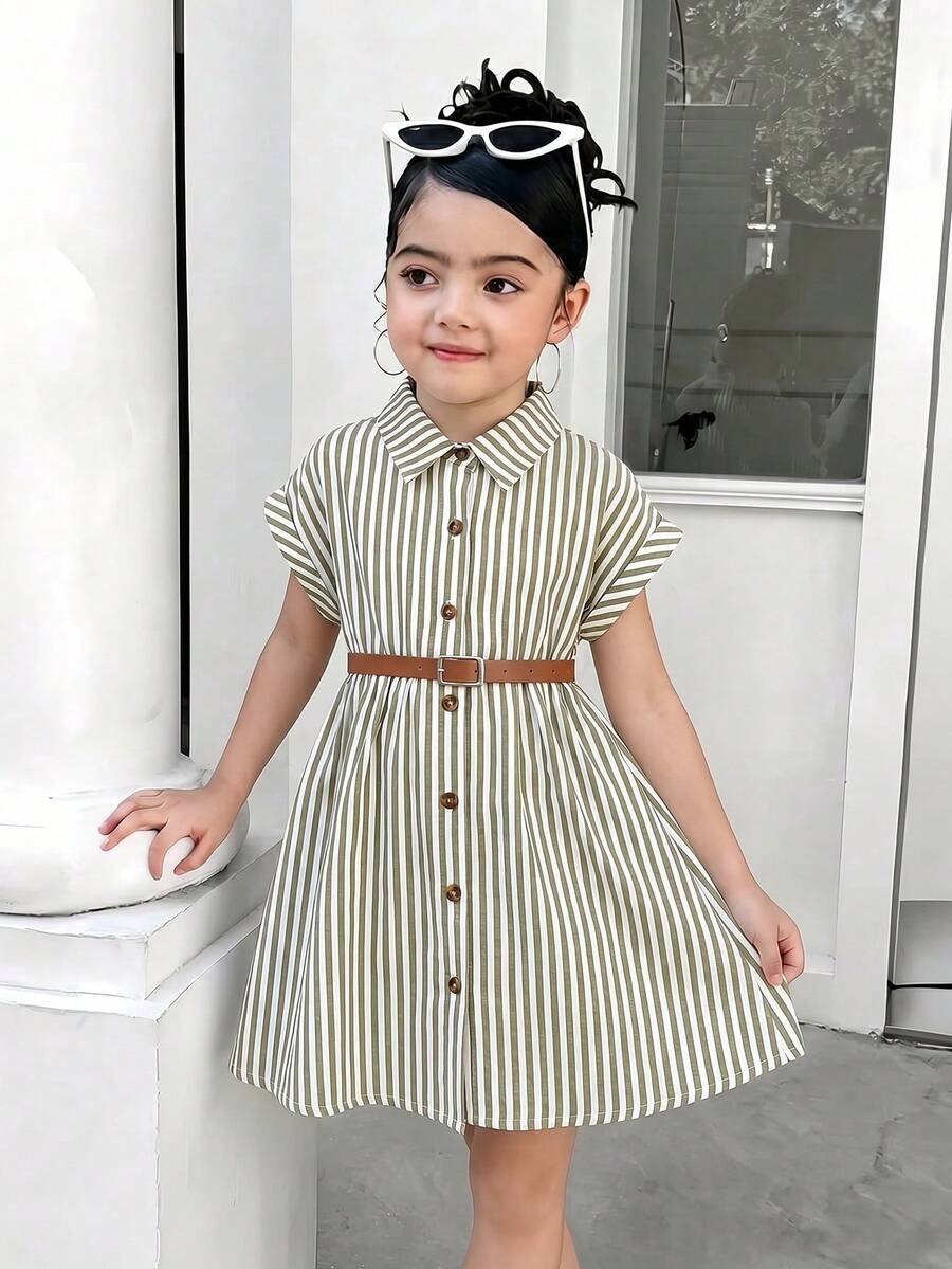 Elladie kids Đầm sơ mi dáng rộng, vai rớt, màu hồng kẻ sọc, cổ bẻ, cài cúc phía trước, dành cho bé gái, kèm thắt lưng thời trang, thoải mái khi mặc thường ngày hoặc đi nghỉ mát. - màu xanh lá - Xem 1