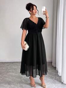Elenzga Plus Size Shirred Lace Patchwork Backless Chiffon Dress Summer Spring Wedding Guest Party - Black - View 3