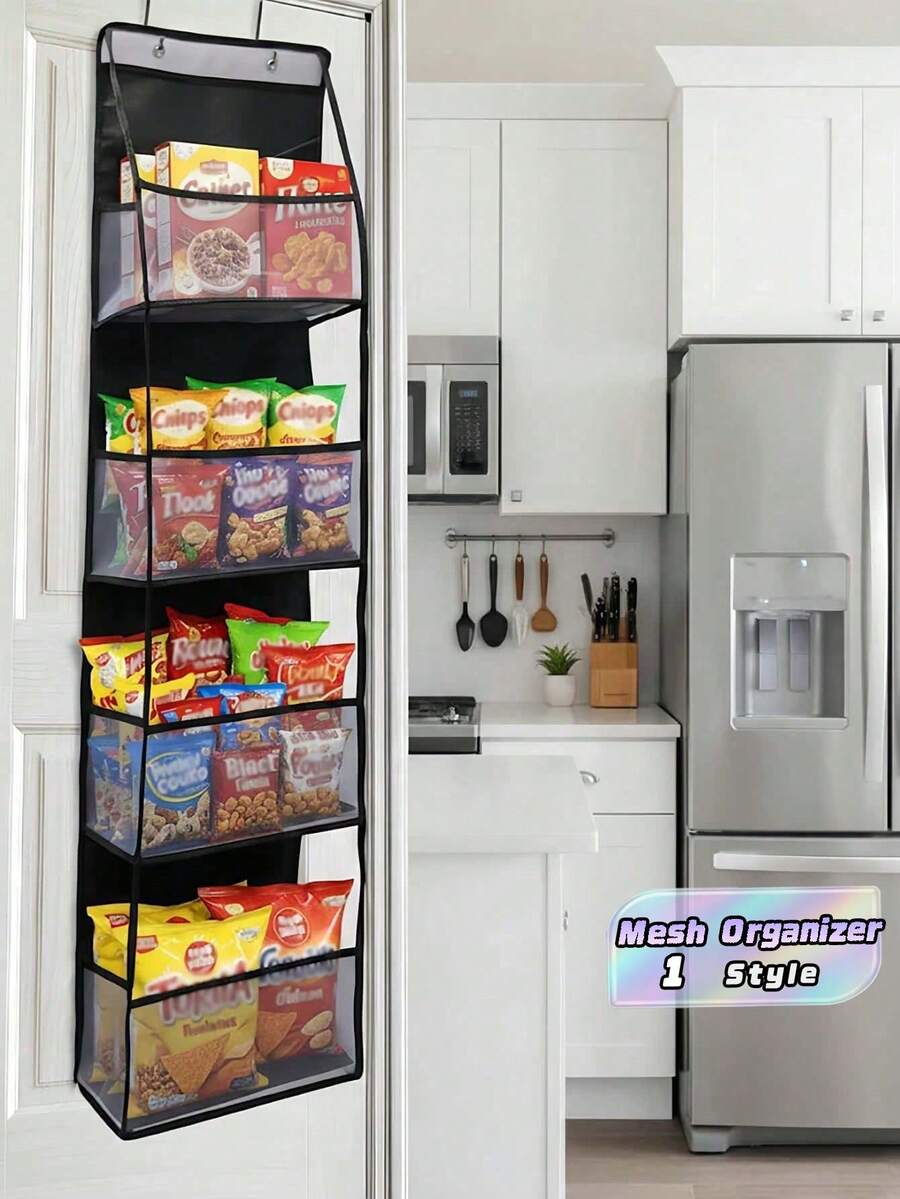 Mesh Over-The-Door Organizer With Transparent Pockets - Hanging Storage For Snacks, Cosmetics, Kitchen, Bathroom, Nursery, Wardrobe, Bedroom, Dorm, Diapers & Toys - Large Capacity Space Saver - Black - View 1