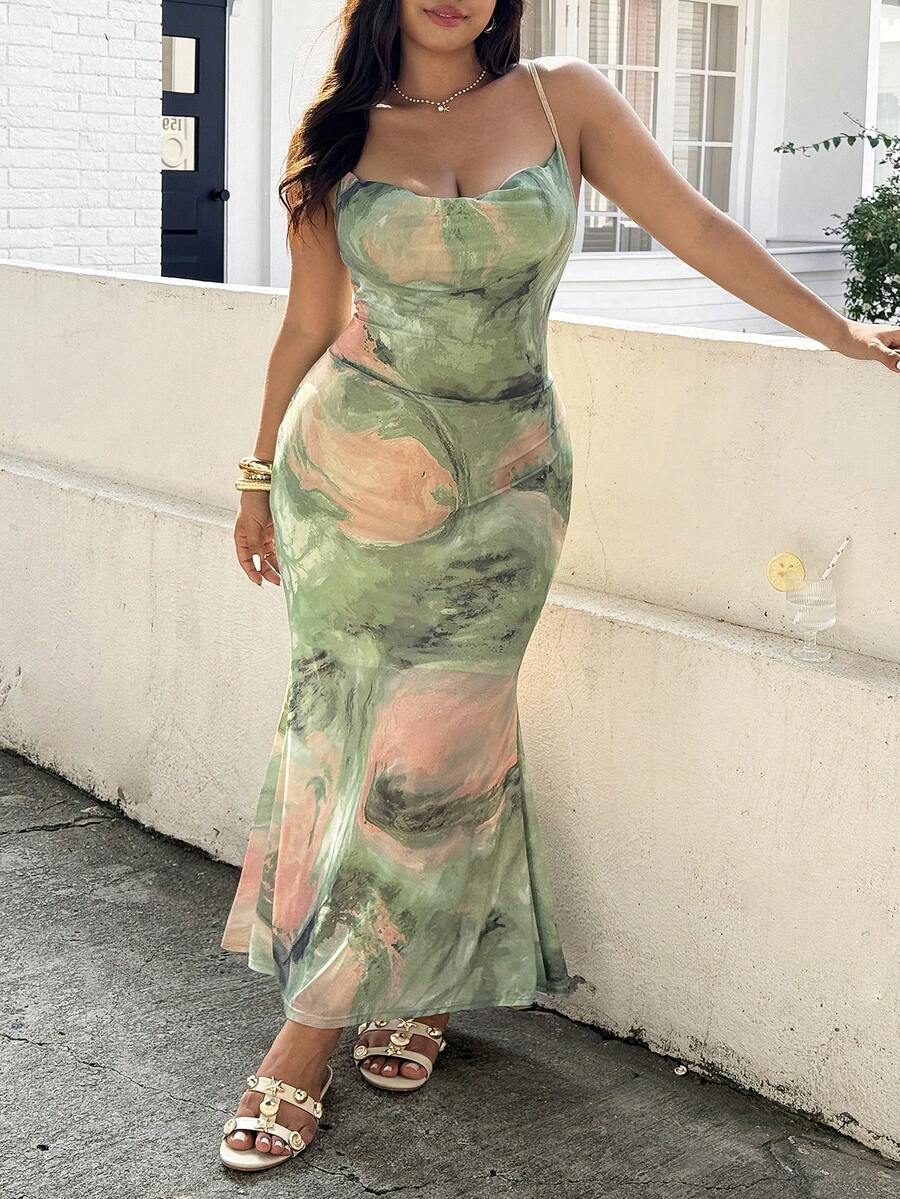 GalTyme Đầm ôm sát dáng đuôi cá in họa tiết tie-dye dành cho nữ cỡ lớn - màu xanh lá - Xem 1