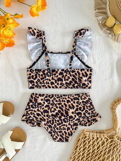 SHEIN Bộ 2 món cho bé gái, gồm áo cổ tròn nhún bèo thoải mái, tay bồng và quần short, thích hợp cho đi biển, nghỉ mát, du lịch, v.v.