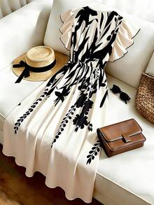 SHEIN Franclia Đầm midi nữ in họa tiết hoa nhiệt đới, cổ chữ V, tay bồng, thắt eo chéo, dáng chữ A, kiểu dáng thời trang thích hợp cho kỳ nghỉ. - Nhiều màu - Xem 2