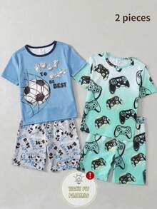 2pcs/Set Boys' Fashionable Gradient Color Gaming Element Print Crew Neck Stretchy Knit Short Sleeve Top And Shorts Casual Homewear Set  Snug Fit - Multicolor - View 1