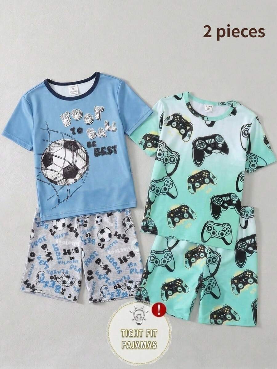 2pcs/Set Boys' Fashionable Gradient Color Gaming Element Print Crew Neck Stretchy Knit Short Sleeve Top And Shorts Casual Homewear Set Snug Fit - Multicolor - View 1