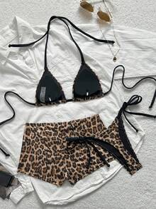 Swim Vcay Bộ 3 món gồm áo tắm hai dây gợi cảm kiểu yếm cổ yếm, quần bikini dây mảnh buộc bên hông và quần short ngắn. - Nhiều màu - Xem 2