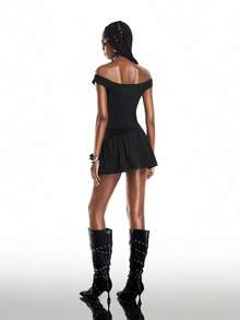 Airlisse 1 Set Solid Color Off-Shoulder Fitted Top And Mini Skirt Casual Street Wear Y2k Y2k Outfit Rave Black Summer Club Night - Black - View 2