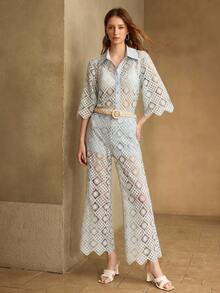MOTF PREMIUM ELEGANT TROPICAL WOMEN'S COLLARED BELL SLEEVE CROCHET SHIRT, FOR SPRING-SUMMER VERSATILITY FOR SPRING WEDDINGS VACATION, GARDEN PARTIES, LIGHT BLUE - Baby Blue - View 8