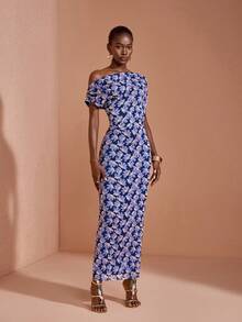 JIAN LASALA All-Over Print Mesh Women Bodycon Maxi Dress Vacation Navy Blue Floral Summer Romantic Elegant - Multicolor - View 5