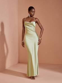 JIAN LASALA Elegant Sexy Satin Spaghetti Straps Drape Neck Sleeveless Mermaid Maxi Dress Wedding Party Sage Green Summer - Green - View 3
