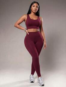Radiana Conjunto de entrenamiento sin costuras de color rojo bronceado, con alto soporte, secado rápido, ropa deportiva diaria, yoga, entrenamiento HIIT, de oficina al gimnasio, mallas, ropa deportiva de otoño, sujetador, pantalones de compresión, control del abdomen, figura favorecedora, cardio, running, ejercicio al aire libre, saludable, listo para TT, Reel de IG, OOTD, conjunto de fitness de mamá trabajadora de 2 piezas, equipo de rendimiento atlético - Burdeos - Ver 6