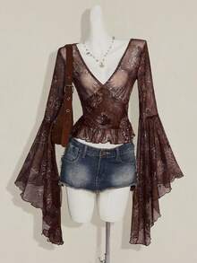 SHEIN ICON Vintage Print Sheer V-Neck Flare Sleeve Top For Women - Brown - View 1