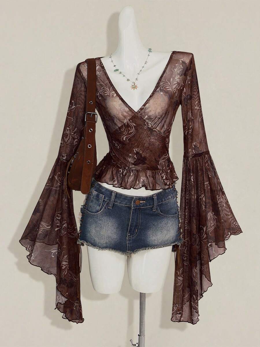 SHEIN ICON Vintage Print Sheer V-Neck Flare Sleeve Top For Women - Brown - View 1
