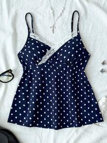 Tween Girl Navy Blue & White Polka Dot Contrast Lace Camisole - Navy Blue - View 7
