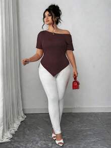 Elenzga Plus Size Women's Summer Asymmetric Shoulder Ruffle Asymmetrical Hem Elegant Chic Commuter Short Sleeve T-Shirt - Brown - View 6