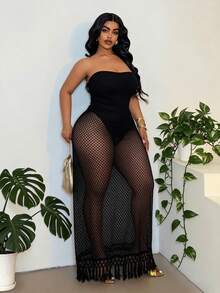 Maweii Plus Size Women's Sexy Fringed Hem Strapless Backless Hollow Waist Bodycon Dress, Suitable For Travel, Birthday Celebration, Holiday Party - Black - View 3