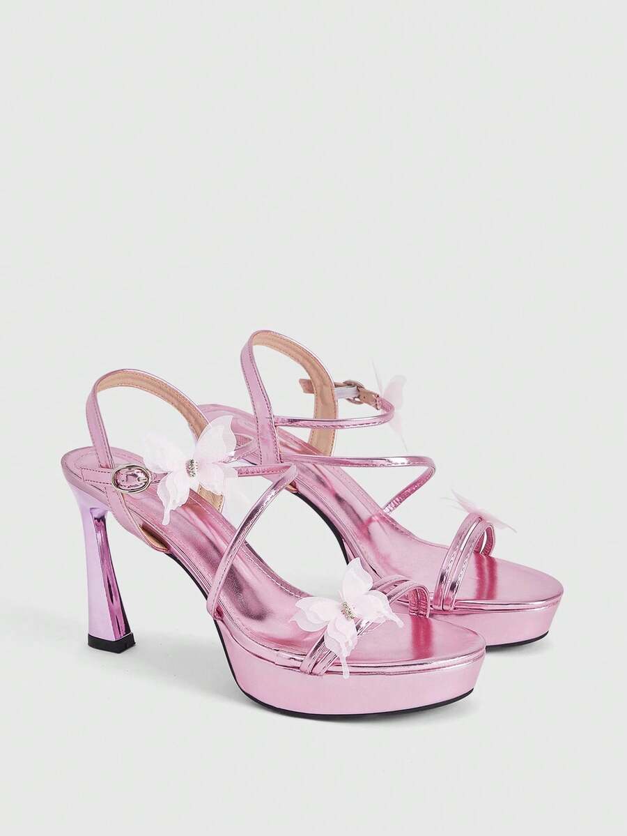 CUCCOO LuxiPop Giày sandal cao gót nữ, sandal cao gót đế dày 10cm với quai màu phấn ánh ngọc trai, kiểu dáng cổ tích với nơ lưới ba chiều, mũi hở, gót nhọn ngọt ngào cho buổi hẹn hò, không gian nghỉ dưỡng, trang phục mùa hè, phụ kiện du lịch, phong cách Y2K, trang phục đi chơi đêm cá tính. - Hồng - Xem 1