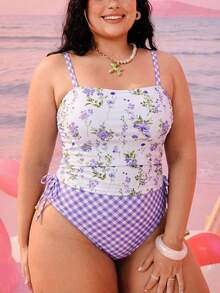SHEIN Swim Mod Plus Size Women's 2pcs Printed Spaghetti Strap Drawstring Waist Triangle Bikini Swimsuit, Vacation Beach Halter Tankini - Multicolor - View 3
