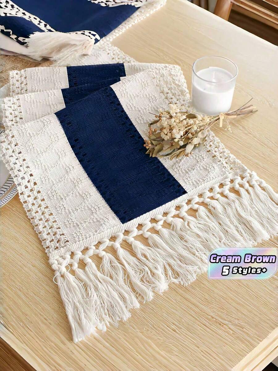 1pc Boho Table Runner Macrame Table Runners For Home Decor ,Cream & Brown Macrame Table Runner With Tassels For Boho Dining Bedroom Decor Rustic Bridal Shower,Farmhouse Rustic Table Runner,Place Mat,Thanksgiving Christmas Home Decor (Multiple Sizes Available) - Navy Blue - View 1