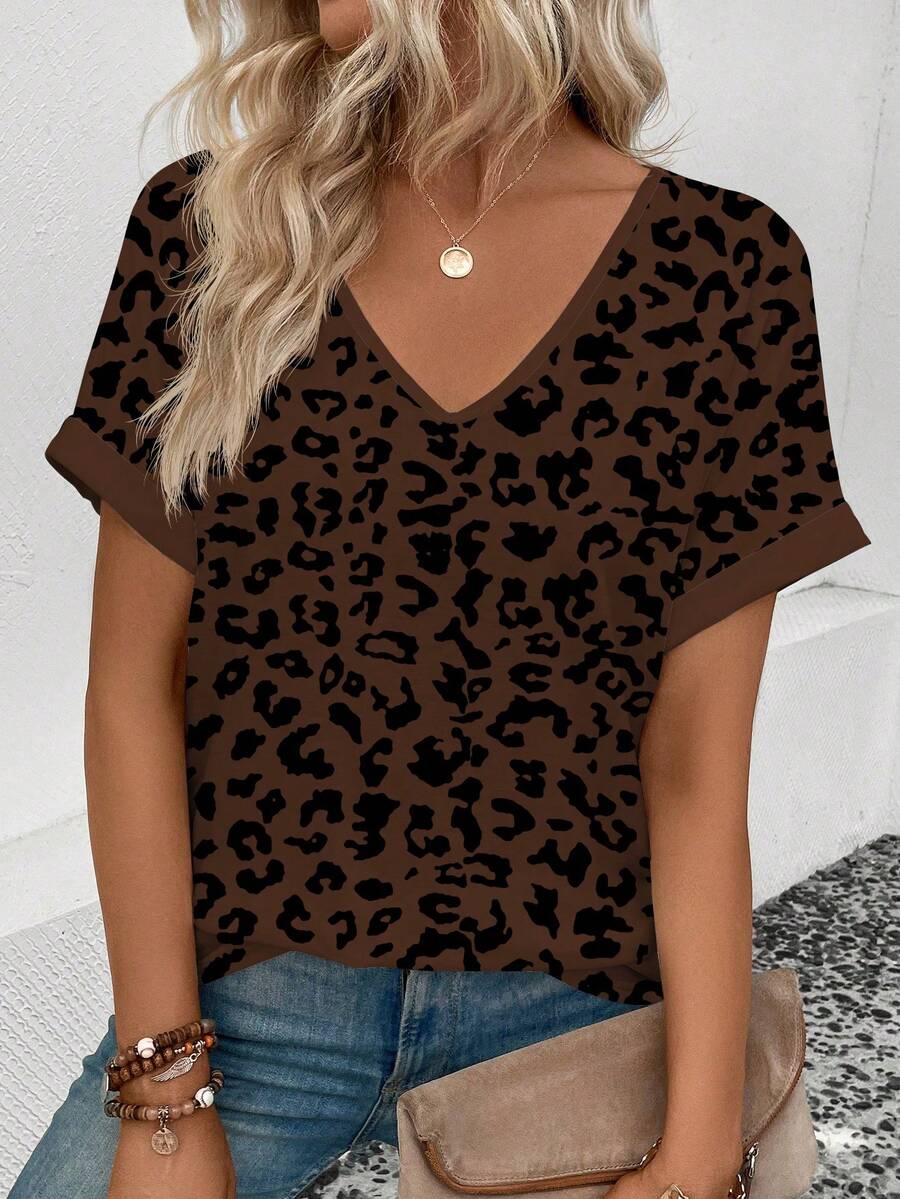 SHEIN LUNE Kaos Wanita Kasual Seksi Motif Leopard Model V-Neck Warna Cokelat untuk Acara Malam Hari, Musim Semi/Panas Terbaru - MultiWarna - View 1