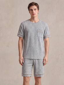 EverLounge Conjunto de Pijama Masculino com Camiseta de Manga Curta e Shorts em Cinza Claro - Cinza Claro - Visão 3