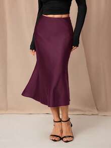 SHEIN PETITE Black High Waist Solid Color Skirt With Satin Texture Suitable For Dance And Daily Wear - Purple - View 3