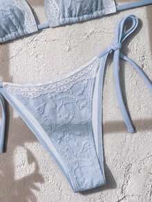 Swim Vcay Conjunto de bikini con copa triangular de unicolor, traje de baño con cuello halter de anudado que favorece la figura para la playa y vacaciones - Celeste - Ver 5