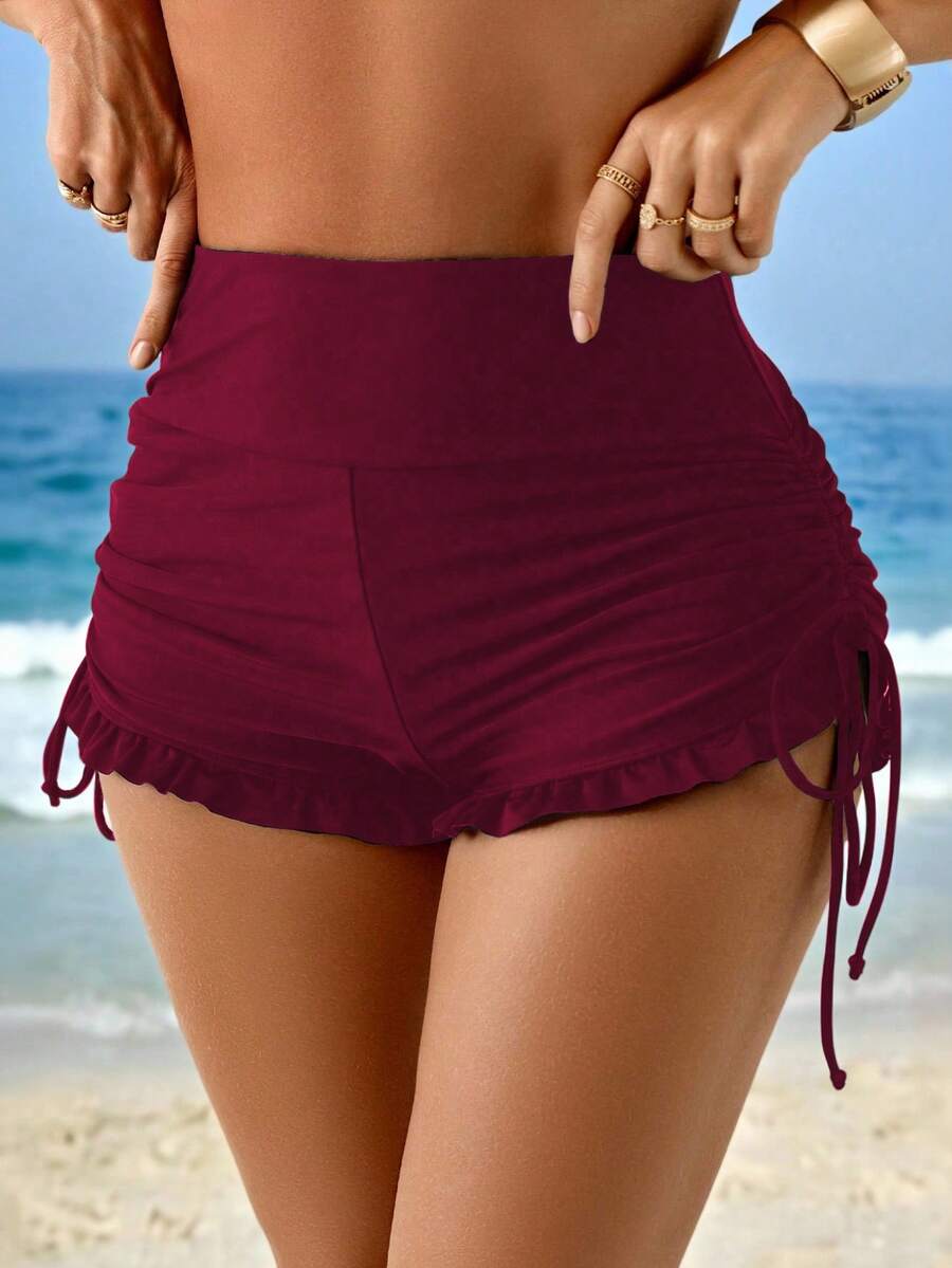 Swim Lushoire Quần bơi nữ mùa hè kiểu dáng thường ngày đi biển, có dây rút bên hông và viền bèo nhún. - Màu Đỏ Sâu - Xem 1