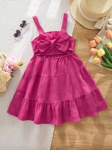 SHEIN Young Girl Solid Color Bow Decor Casual Vacation Camisole Dress - Hot Pink - View 3