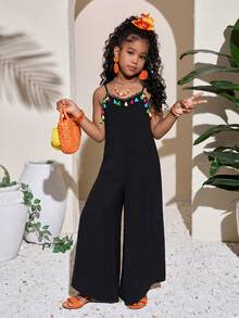 SHEIN Bộ áo liền quần ống rộng phối nhiều mảnh, cổ chữ V, dây đeo, thích hợp cho kỳ nghỉ xuân/hè của bé gái. - màu đen - Xem 7